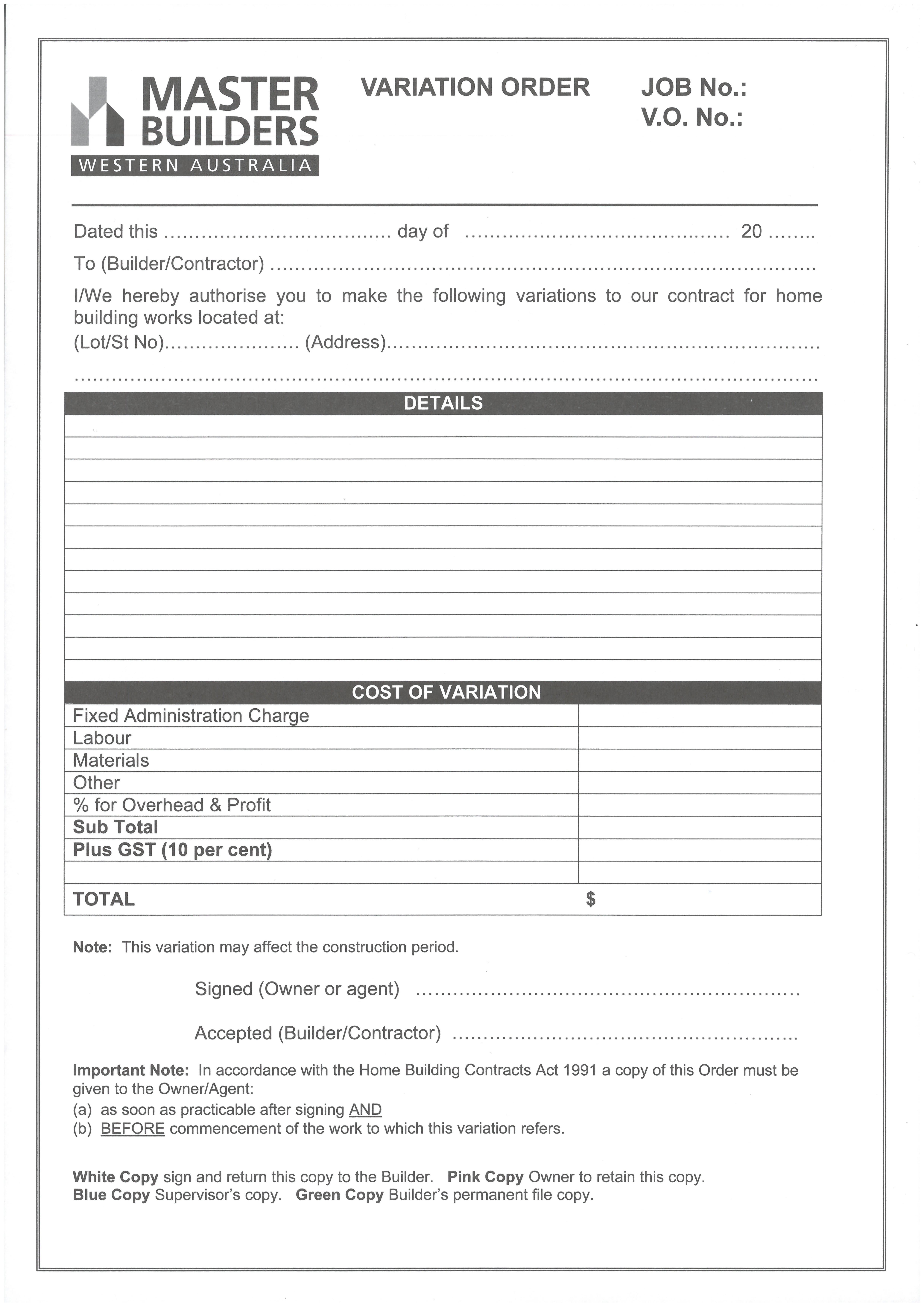Variation Order Form Pad Master Builders WAMaster Builders WA