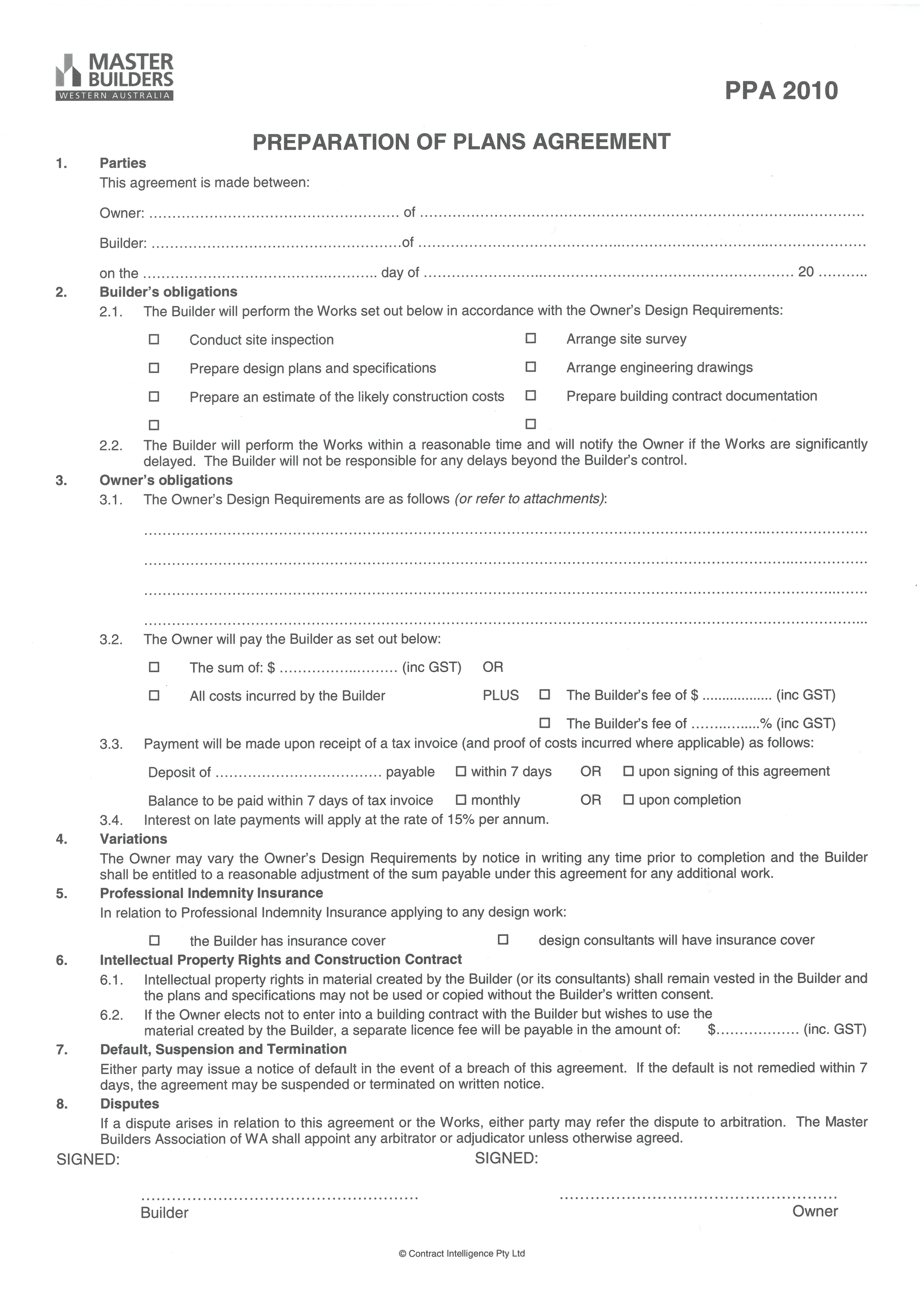 PPA 2010 Preparation Of Plans Agreement Pad Master Builders WA